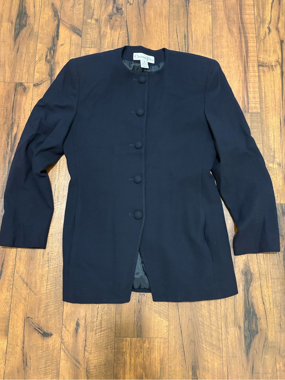 VTG Christian Dior Suit Blazer Jacket Size 6 Wool Dark Navy Collarless 1980's